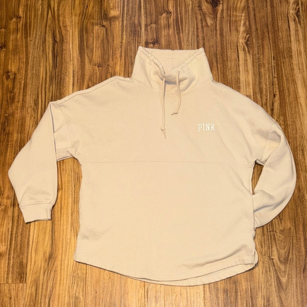 PINK Victoria's Secret women’s medium sweatshirt Beige tan funnel cowl embroider